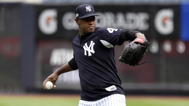 Oct 2, 2018; Bronx, NY, USA; New York Yankees pitcher Luis Severino throws the ball during workouts one day before the 2018 American League Wild Card playoff baseball game at Yankee Stadium. Photo Credit: Danielle Parhizkaran/NorthJersey.com via USA TODAY Sports