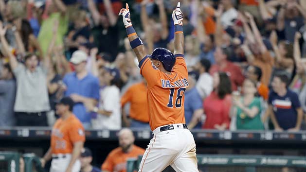 Jul 8, 2016; Houston, TX, USA; Houston Astros third baseman Luis Valbuena (18) reacts after hitting a three run game winning home run against the Oakland Athletics in the ninth inning at Minute Maid Park. Astros won 10 to 9. Photo Credit: Thomas B. Shea-USA TODAY Sports