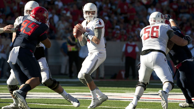 Oct 24, 2015; Tucson, AZ, USA; Washington State Cougars quarterback Luke Falk (4) looks to pass during the third quarter against the Arizona Wildcats at Arizona Stadium. The Cougars won 45-42. Mandatory Credit: Casey Sapio-USA TODAY Sports