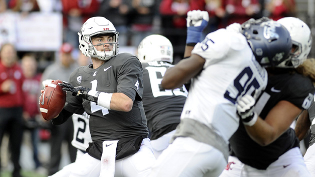 Sep 23, 2017; Pullman, WA, USA; Washington State Cougars quarterback Luke Falk (4) drops back for a pass against the Nevada Wolf Pack during the second half at Martin Stadium. Photo Credit: James Snook-USA TODAY Sports