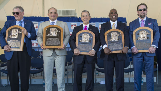 Jul 30, 2017; Cooperstown, NY, USA; Hall of Fame Inductee Bud Selig, Hall of Fame Inductee Ivan Rodriguez, Hall of Fame Inductee John Schuerhotz, Hall of Fame Inductee Tim Raines and Hall of Fame Inductee Jeff Bagwell pose with their Hall of Fame plagues after the induction ceremony at Clark Sports Center. Photo Credit: Gregory J. Fisher-USA TODAY Sports