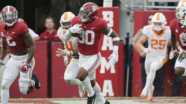 Oct 21, 2017; Tuscaloosa, AL, USA; Alabama Crimson Tide linebacker Mack Wilson (30) returns an interception that he made late in the fourth quarter against Tennessee Volunteers at Bryant-Denny Stadium. Photo Credit: Marvin Gentry-USA TODAY Sports