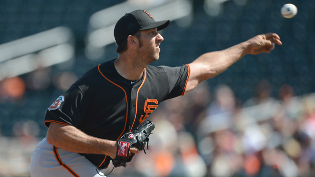 Mar 4, 2016; Goodyear, AZ, USA; San Francisco Giants starting pitcher Madison Bumgarner (40) throws a pitch during the second inning against the Cincinnati Reds at Goodyear Ballpark. Mandatory Credit: Joe Camporeale-USA TODAY Sports