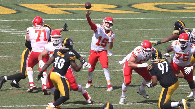 Sep 16, 2018; Pittsburgh, PA, USA; Kansas City Chiefs quarterback Patrick Mahomes (15) passes against the Pittsburgh Steelers during the second quarter at Heinz Field. Kansas City won 42-37. Photo Credit: Charles LeClaire-USA TODAY Sports