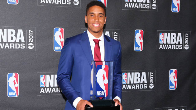 Jun 26, 2017; New York, NY, USA; Milwaukee Bucks player Malcolm Brogdon poses for photos in the press room with his rookie of the year award during the 2017 NBA Awards at Basketball City at Pier 36. Photo Credit: Brad Penner-USA TODAY Sports