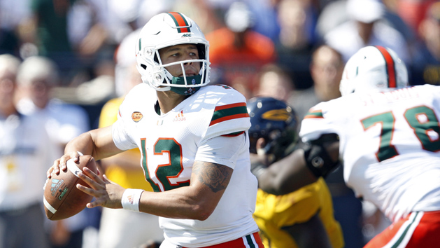 Sep 15, 2018; Toledo, OH, USA; Miami Hurricanes quarterback Malik Rosier (12) passes the ball during the third quarter against the Toledo Rockets at Glass Bowl. Photo Credit: Raj Mehta-USA TODAY Sports