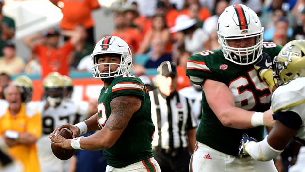 Oct 14, 2017; Miami Gardens, FL, USA; Miami Hurricanes quarterback Malik Rosier (12) throws a pass against the Georgia Tech Yellow Jackets during the second half at Hard Rock Stadium. Photo Credit: Steve Mitchell-USA TODAY Sports