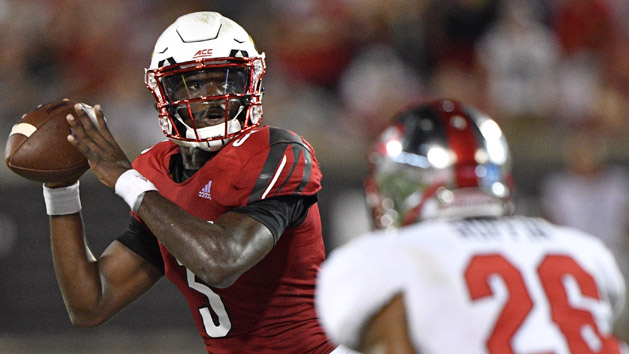 Sep 15, 2018; Louisville, KY, USA; Louisville Cardinals quarterback Malik Cunningham (3) looks to pass against the Western Kentucky Hilltoppers during the second half at Cardinal Stadium. Louisville defeated Western Kentucky 20-17. Photo Credit: Jamie Rhodes-USA TODAY Sports