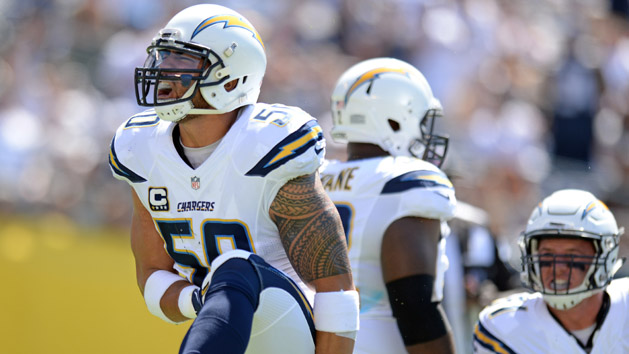 Sep 18, 2016; San Diego, CA, USA; San Diego Chargers inside linebacker Manti Te'o (50) reacts after a defensive stop during the first quarter against the Jacksonville Jaguars at Qualcomm Stadium. Mandatory Credit: Jake Roth-USA TODAY Sports
