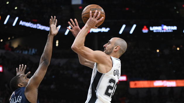 Feb 28, 2018; San Antonio, TX, USA; San Antonio Spurs guard Manu Ginobili (20) shoots against New Orleans Pelicans forward Darius Miller (21) during the first half at the AT&T Center. Photo Credit: Brendan Maloney-USA TODAY Sports