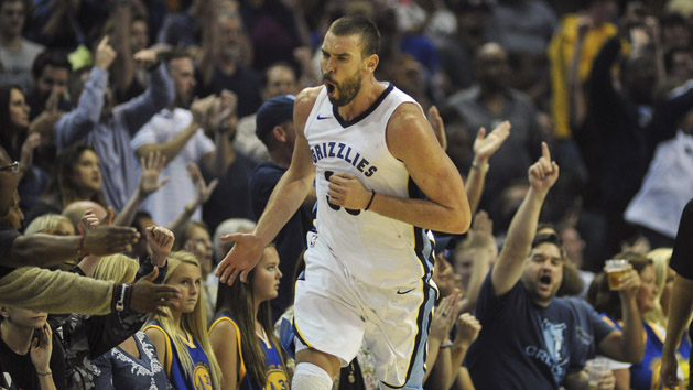 Oct 21, 2017; Memphis, TN, USA; Memphis Grizzlies center Marc Gasol (33) celebrates during the second half against the Golden State Warriors at FedExForum. Memphis defeated Golden State 111-101. Photo Credit: Justin Ford-USA TODAY Sports