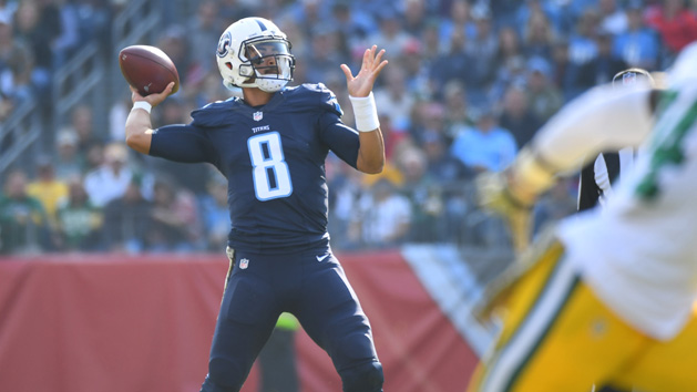Nov 13, 2016; Nashville, TN, USA; Tennessee Titans quarterback Marcus Mariota (8) throws a touchdown pass during the first half against the Green Bay Packers at Nissan Stadium. Photo Credit: Christopher Hanewinckel-USA TODAY Sports