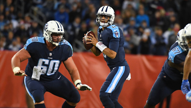 Oct 16, 2017; Nashville, TN, USA; Tennessee Titans quarterback Marcus Mariota (8) drops back to pass during the first half against the Indianapolis Colts at Nissan Stadium. Photo Credit: Christopher Hanewinckel-USA TODAY Sports
