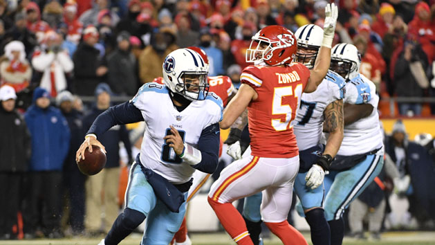 Jan 6, 2018; Kansas City, MO, USA; Tennessee Titans quarterback Marcus Mariota (8) scrambles away from Kansas City Chiefs outside linebacker Frank Zombo (51) during the fourth quarter in the AFC Wild Card playoff football game at Arrowhead Stadium. Photo Credit: Denny Medley-USA TODAY Sports