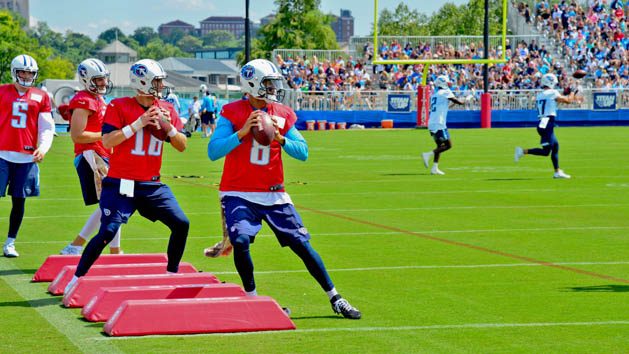Jul 29, 2017; Nashville, TN, USA; Tennessee Titans quarterbacks Marcus Mariota (8) and Matt Cassel (16) and Alex Tanney (11) and Tyler Ferguson (5) during training camp at Saint Thomas Sports Park. Photo Credit: Jim Brown-USA TODAY Sports