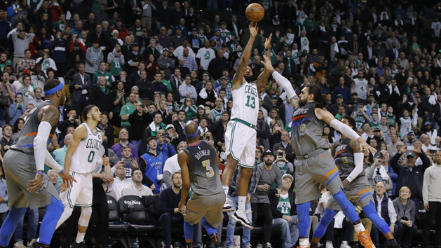 Mar 20, 2018; Boston, MA, USA; Boston Celtics forward Marcus Morris (13) makes the game winning three point basket against the Oklahoma City Thunder in the last seconds of play at TD Garden. The Celtics defeated Oklahoma 100-99. Photo Credit: David Butler II-USA TODAY Sports
