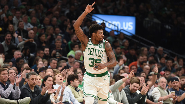 Apr 1, 2019; Boston, MA, USA; Boston Celtics guard Marcus Smart (36) reacts after making a basket during the first half against the Miami Heat at TD Garden. Photo Credit: Bob DeChiara-USA TODAY Sports