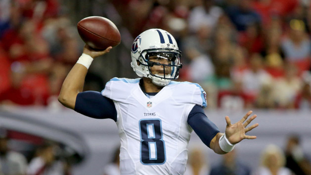 Marcus Mariota (8) attempts a pass in the first quarter of their preseason NFL football game against the Atlanta Falcons at Georgia Dome. (Jason Getz-USA TODAY Sports)