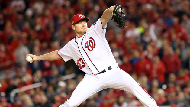 Oct 13, 2016; Washington, DC, USA; Washington Nationals pitcher Mark Melancon (43) pitches during the eighth inning against the Los Angeles Dodgers during game five of the 2016 NLDS playoff baseball game at Nationals Park. Photo Credit: Geoff Burke-USA TODAY Sports