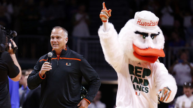 Dec 8, 2015; Coral Gables, FL, USA; Miami Hurricanes head football coach Mark Richt speaks to the fans during a timeout the first half against the Florida Gators at BankUnited Center. Photo Credit: Steve Mitchell-USA TODAY Sports