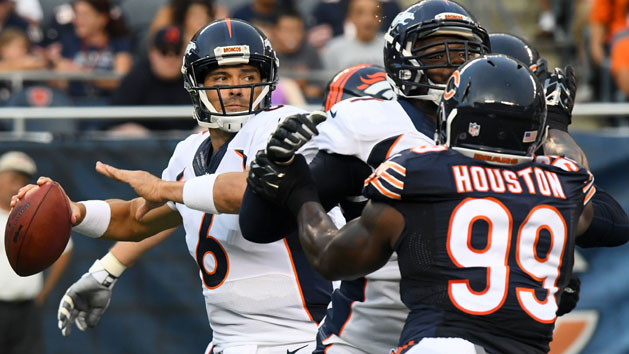 Aug 11, 2016; Chicago, IL, USA; Denver Broncos quarterback Mark Sanchez (6) drops back to pass against the Chicago Bears during the first quarter at Soldier Field. Photo Credit: Mike DiNovo-USA TODAY Sports