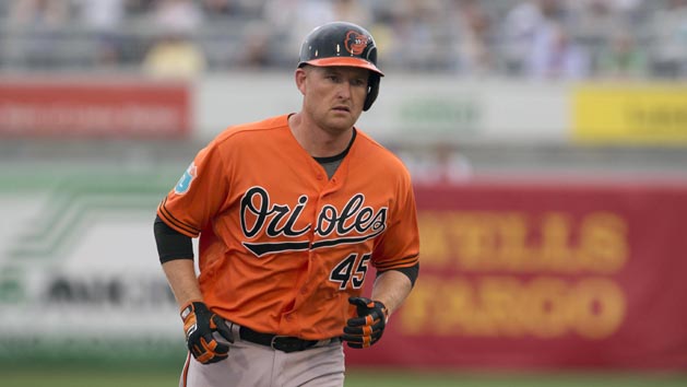 Mar 18, 2016; Tampa, FL, USA; Baltimore Orioles first baseman Mark Trumbo (45) rounds the bases after hitting a three run home run against the New York Yankees during the first inning at George M. Steinbrenner Field. Mandatory Credit: Jerome Miron-USA TODAY Sports