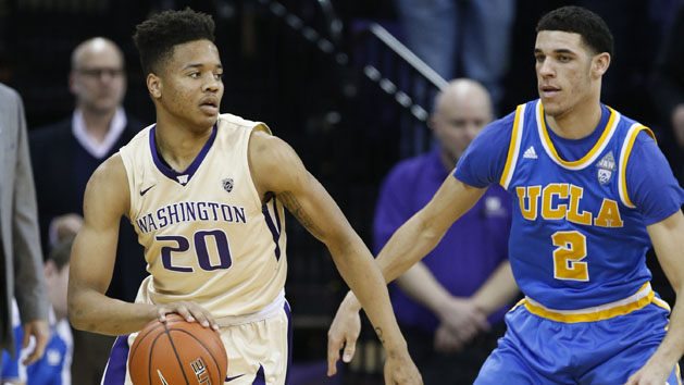 Feb 4, 2017; Seattle, WA, USA; Washington Huskies guard Markelle Fultz (20) dribbles against UCLA Bruins guard Lonzo Ball (2) during the first half at Alaska Airlines Arena at Hec Edmundson Pavilion. Photo Credit: Jennifer Buchanan-USA TODAY Sports