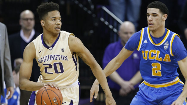 Feb 4, 2017; Seattle, WA, USA; Washington Huskies guard Markelle Fultz (20) dribbles against UCLA Bruins guard Lonzo Ball (2) during the first half at Alaska Airlines Arena at Hec Edmundson Pavilion. Photo Credit: Jennifer Buchanan-USA TODAY Sports