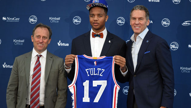 Jun 23, 2017; Camden, NJ, USA; Philadelphia 76ers number 1 overall draft pick Markelle Fultz (center) poses with owner Joshua Harris (left) and general manager Bryan Colangelo (right) during an introductory press conference at Philadelphia 76ers Training Complex. Photo Credit: James Lang-USA TODAY Sports