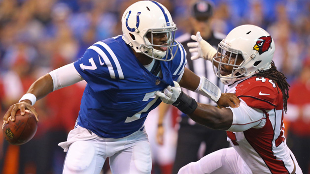 Sep 17, 2017; Indianapolis, IN, USA; Indianapolis Colts quarterback Jacoby Brissett (7) breaks a tackle against Arizona Cardinals outside linebacker Markus Golden (44) in the first half at Lucas Oil Stadium. Photo Credit: Aaron Doster-USA TODAY Sports