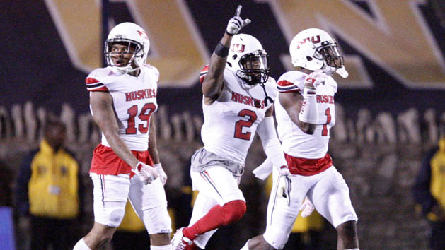 Nov 3, 2015; Toledo, OH, USA; Northern Illinois Huskies safety Marlon Moore (2) celebrates after a turnover during the fourth quarter against the Toledo Rockets at Glass Bowl. Huskies win 32-27. Mandatory Credit: Raj Mehta-USA TODAY Sports