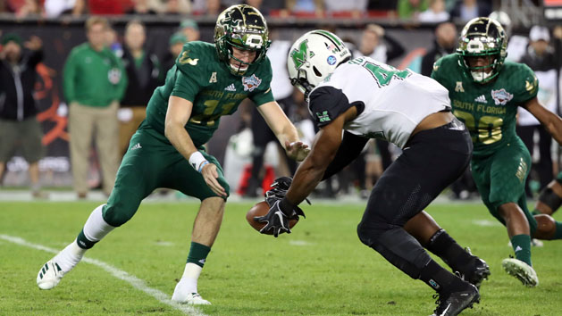 Dec 20, 2018; St. Petersburg, FL, USA; Marshall Thundering Herd defensive lineman Darius Hodge (44) recovers a fumble from South Florida Bulls quarterback Blake Barnett (11) during the first quarter in the 2018 Gasparilla Bowl at Tropicana Field. Photo Credit: Kim Klement-USA TODAY Sports