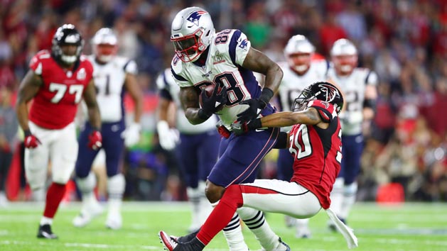 Feb 5, 2017; Houston, TX, USA; New England Patriots tight end Martellus Bennett (88) is tackled by Atlanta Falcons cornerback Deji Olatoye (30) in the second quarter during Super Bowl LI at NRG Stadium. Photo Credit: Mark J. Rebilas-USA TODAY Sports