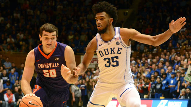 Dec 20, 2017; Durham, NC, USA; Evansville Purple Aces guard Blake Simmons (50) drives to the basket as Duke Blue Devils forward Marvin Bagley III (35) defends during the second half at Cameron Indoor Stadium. Photo Credit: Rob Kinnan-USA TODAY Sports