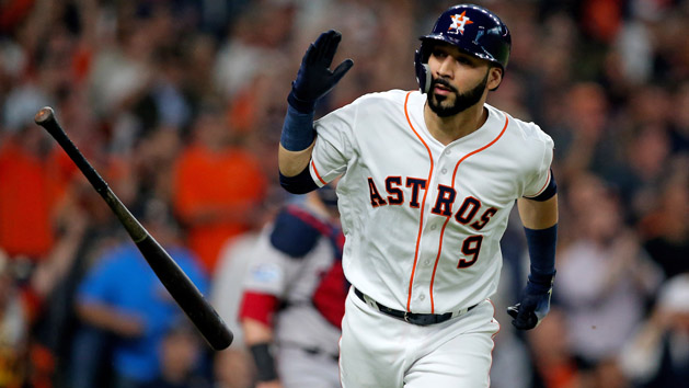 Oct 16, 2018; Houston, TX, USA; Houston Astros left fielder Marwin Gonzalez (9) flips his bat after singling in a run in the first inning against the Boston Red Sox in game three of the 2018 ALCS playoff baseball series at Minute Maid Park. Photo Credit: Troy Taormina-USA TODAY Sports