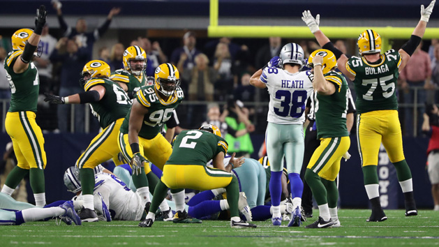 Jan 15, 2017; Arlington, TX, USA; Green Bay Packers kicker Mason Crosby (2) reacts after making the the game winning field goal during the fourth quarter against the Dallas Cowboys in the NFC Divisional playoff game at AT&T Stadium. Photo Credit: Kevin Jairaj-USA TODAY Sports
