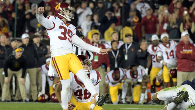 Jan 2, 2017; Pasadena, CA, USA; USC Trojans place kicker Matt Boermeester (39) kicks the game winning field goal against the Penn State Nittany Lions during the fourth quarter of the 2017 Rose Bowl game at Rose Bowl. Photo Credit: Kirby Lee-USA TODAY Sports