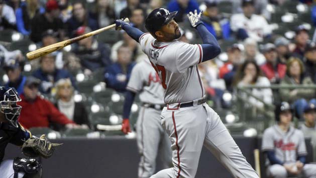 Apr 29, 2017; Milwaukee, WI, USA; Atlanta Braves left fielder Matt Kemp (27) hits a 2-run homer in the eighth inning against the Milwaukee Brewers at Miller Park. Photo Credit: Benny Sieu-USA TODAY Sports