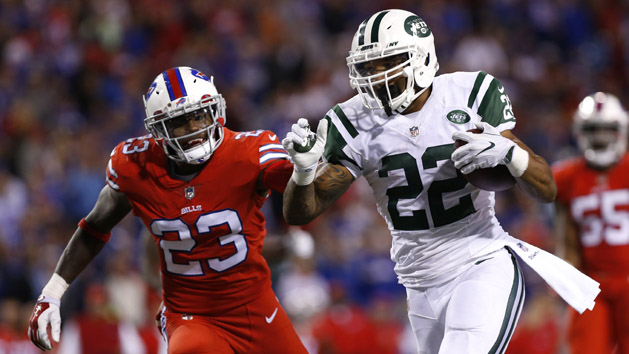 Sep 15, 2016; Orchard Park, NY, USA; New York Jets running back Matt Forte (22) runs for a touchdown as Buffalo Bills strong safety Aaron Williams (23) pursues during the second half at New Era Field. The Jets beat the Bills 37-31. Photo Credit: Kevin Hoffman-USA TODAY Sports