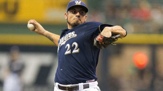 Aug 17, 2015; Milwaukee, WI, USA; Milwaukee Brewers pitcher Matt Garza (22) throws a pitch during the first inning against the Miami Marlins at Miller Park. Photo Credit: Jeff Hanisch-USA TODAY Sports