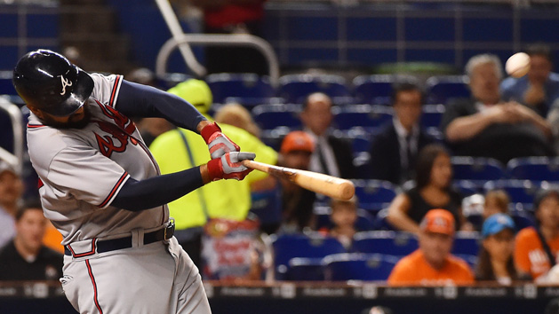 Sep 22, 2016; Miami, FL, USA; Atlanta Braves left fielder Matt Kemp (27) hits a solo home run in the sixth inning against the Miami Marlins at Marlins Park. The Atlanta Braves defeat the Miami Marlins 6-3. Photo Credit: Jasen Vinlove-USA TODAY Sports