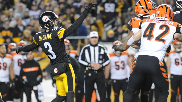 Dec 30, 2018; Pittsburgh, PA, USA; Pittsburgh Steelers kicker Matt McCrane (3) kicks the game winning field goal against the Cincinnati Bengals at Heinz Field. Photo Credit: Philip G. Pavely-USA TODAY Sports