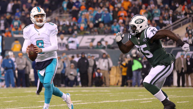 Dec 17, 2016; East Rutherford, NJ, USA; Miami Dolphins quarterback Matt Moore (8) looks to pass against New York Jets defensive tackle Anthony Johnson (75) during the second quarter at MetLife Stadium. Photo Credit: Brad Penner-USA TODAY Sports