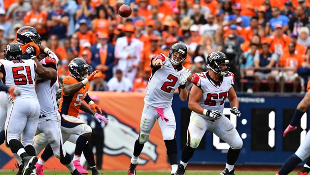 Oct 9, 2016; Denver, CO, USA; Atlanta Falcons quarterback Matt Ryan (2) passes the ball in the second half against the Denver Broncos at Sports Authority Field at Mile High. The Falcons defeated the Broncos 23-16. Photo Credit: Ron Chenoy-USA TODAY Sports