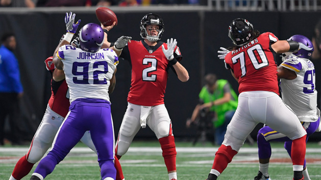 Dec 3, 2017; Atlanta, GA, USA; Atlanta Falcons quarterback Matt Ryan (2) passes against the Minnesota Vikings during the first quarter at Mercedes-Benz Stadium. Photo Credit: Dale Zanine-USA TODAY Sports