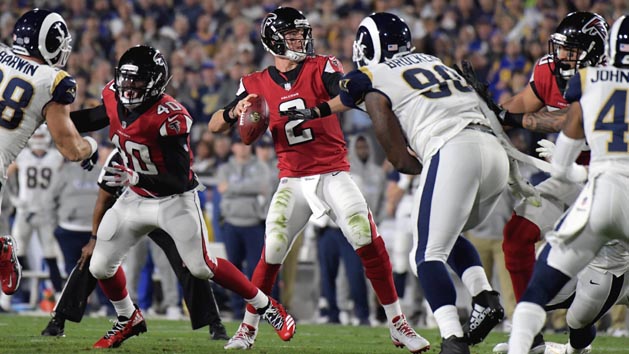 Jan 6, 2018; Los Angeles, CA, USA; Atlanta Falcons quarterback Matt Ryan (2) passes against the Los Angeles Rams in the first quarter in the NFC Wild Card playoff football game at Los Angeles Memorial Coliseum. Mandatory Credit: Kirby Lee-USA TODAY Sports