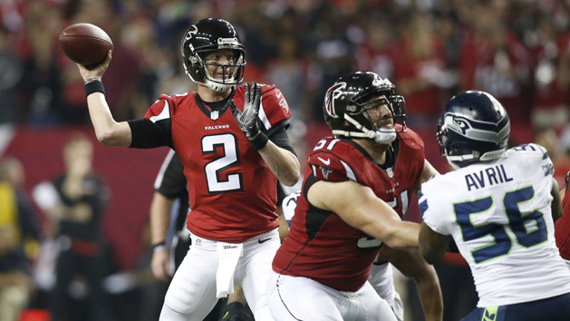 Jan 14, 2017; Atlanta, GA, USA; Atlanta Falcons quarterback Matt Ryan (2) throws against Seattle Seahawks defensive end Cliff Avril (56) during the second quarter in the NFC Divisional playoff at Georgia Dome. Photo Credit: Brett Davis-USA TODAY Sports