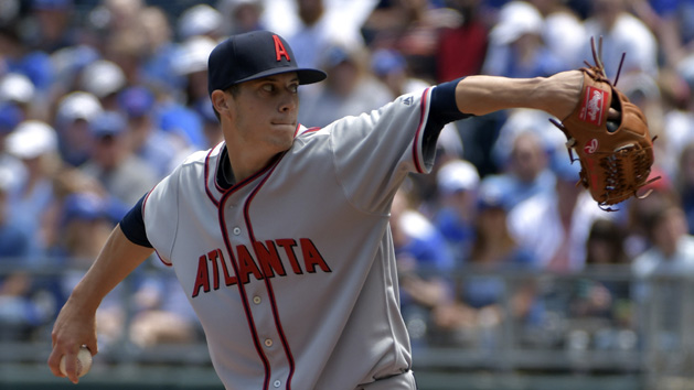 May 15, 2016; Kansas City, MO, USA; Atlanta Braves starting pitcher Matt Wisler (37) delivers a pitch in the first inning against the Kansas City Royals at Kauffman Stadium. Mandatory Credit: Denny Medley-USA TODAY Sports