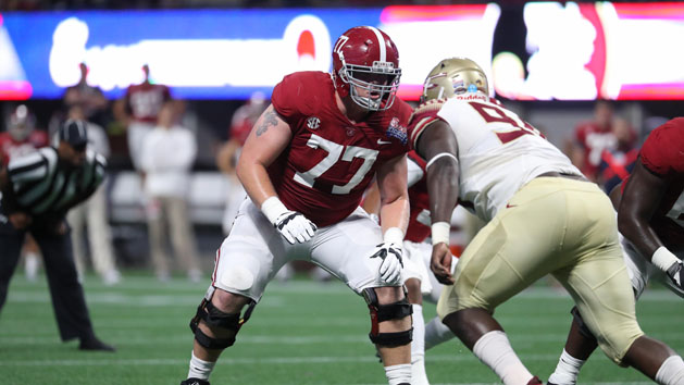 Sep 2, 2017; Atlanta, GA, USA; Alabama Crimson Tide offensive lineman Matt Womack (77) prepares for a play in the first half against the Florida State Seminoles at Mercedes-Benz Stadium. Photo Credit: Jason Getz-USA TODAY Sports