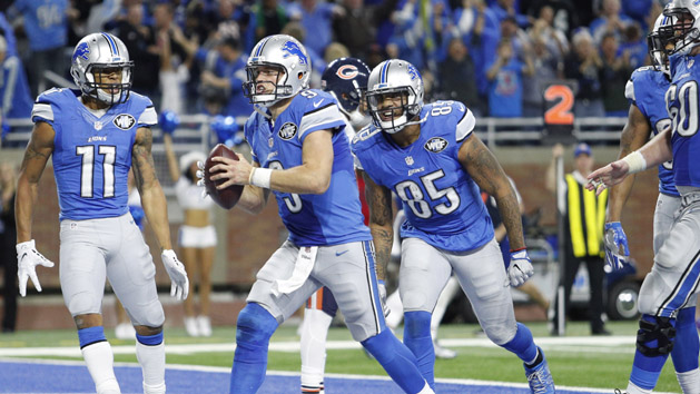 Dec 11, 2016; Detroit, MI, USA; Detroit Lions quarterback Matthew Stafford (9) celebrates after scoring the game winning touchdown during the fourth quarter against the Chicago Bears at Ford Field. Lions win 20-17. Photo Credit: Raj Mehta-USA TODAY Sports